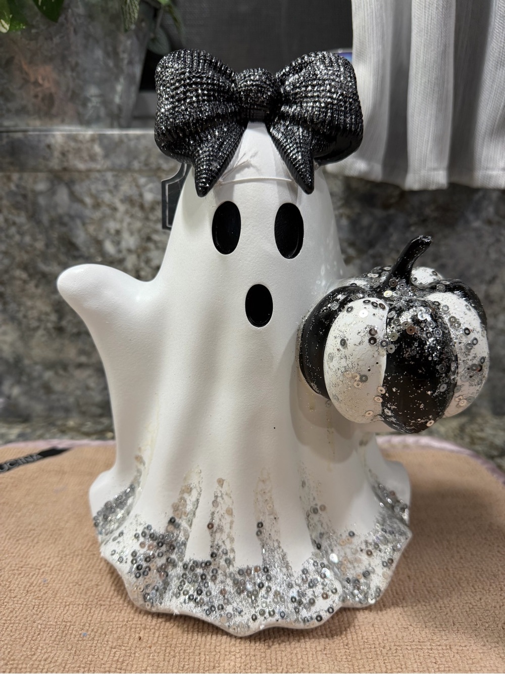 Bella Lux Ghost Halloween Decor w/ Black Bow & Glitter Pumpkin | 10" NWT